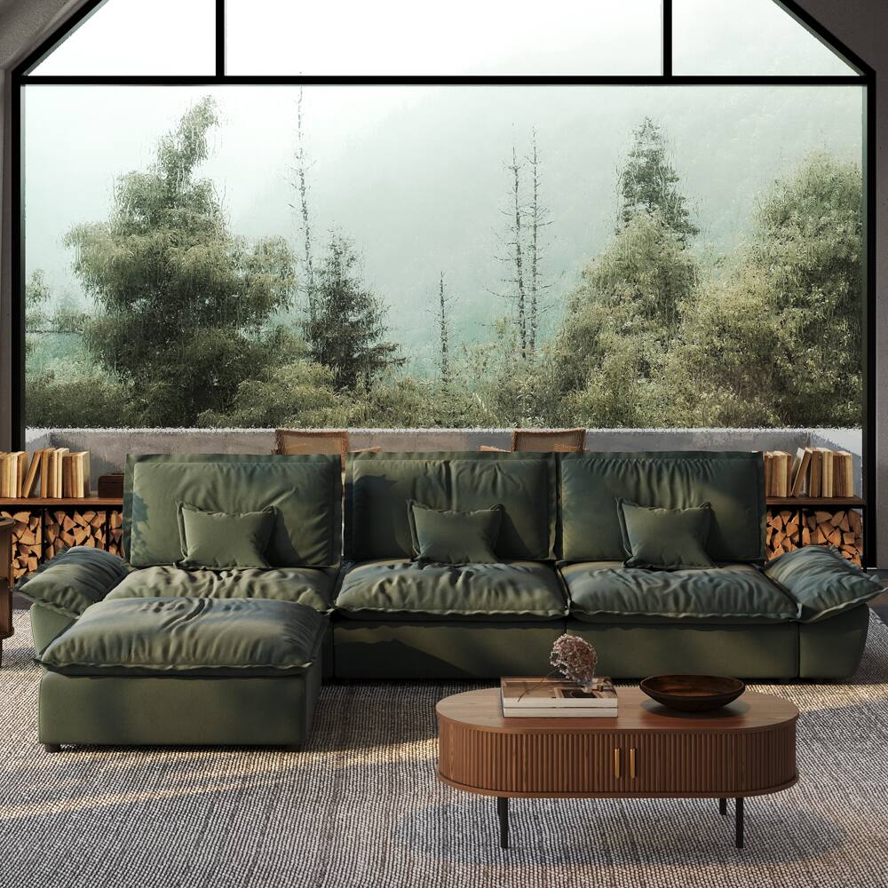 Angle. POVISON - 141.73" Sailboat Deep Sofa Stain Resistant Cozy Couch with Ottoman - Green Suede Fabric.