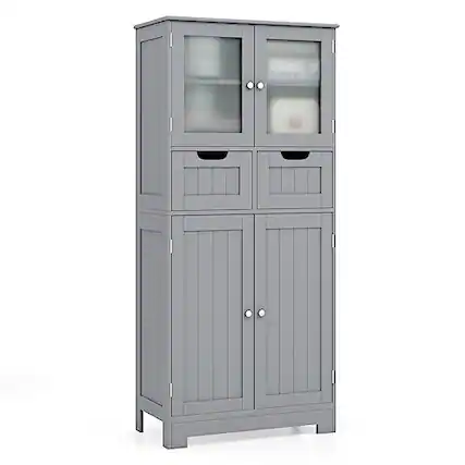Front. Ecooso - 4-Door Freestanding Bathroom Storage Cabinet with 2 Drawers and Glass Doors Organizer - Gray.