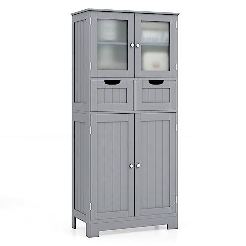 Front. Ecooso - 4-Door Freestanding Bathroom Storage Cabinet with 2 Drawers and Glass Doors Organizer - Gray.