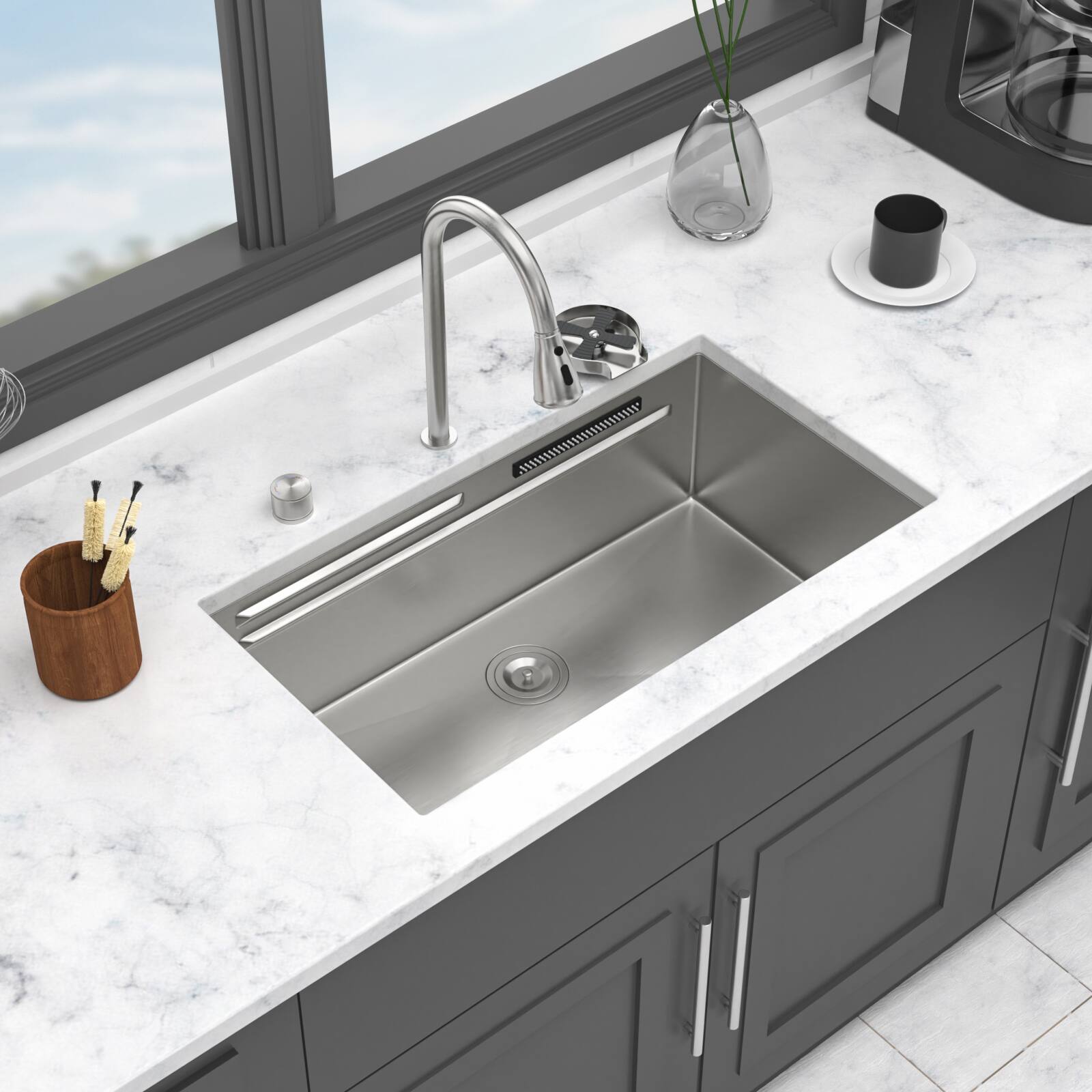 Angle. APRILSOUL - 33 x 16.72 x 10 inch Single Bowl 16 Gauge Stainless Steel Ledge Workstation Sinks with Pull-Down Faucet and Cup Washer - Brushed Nickel.