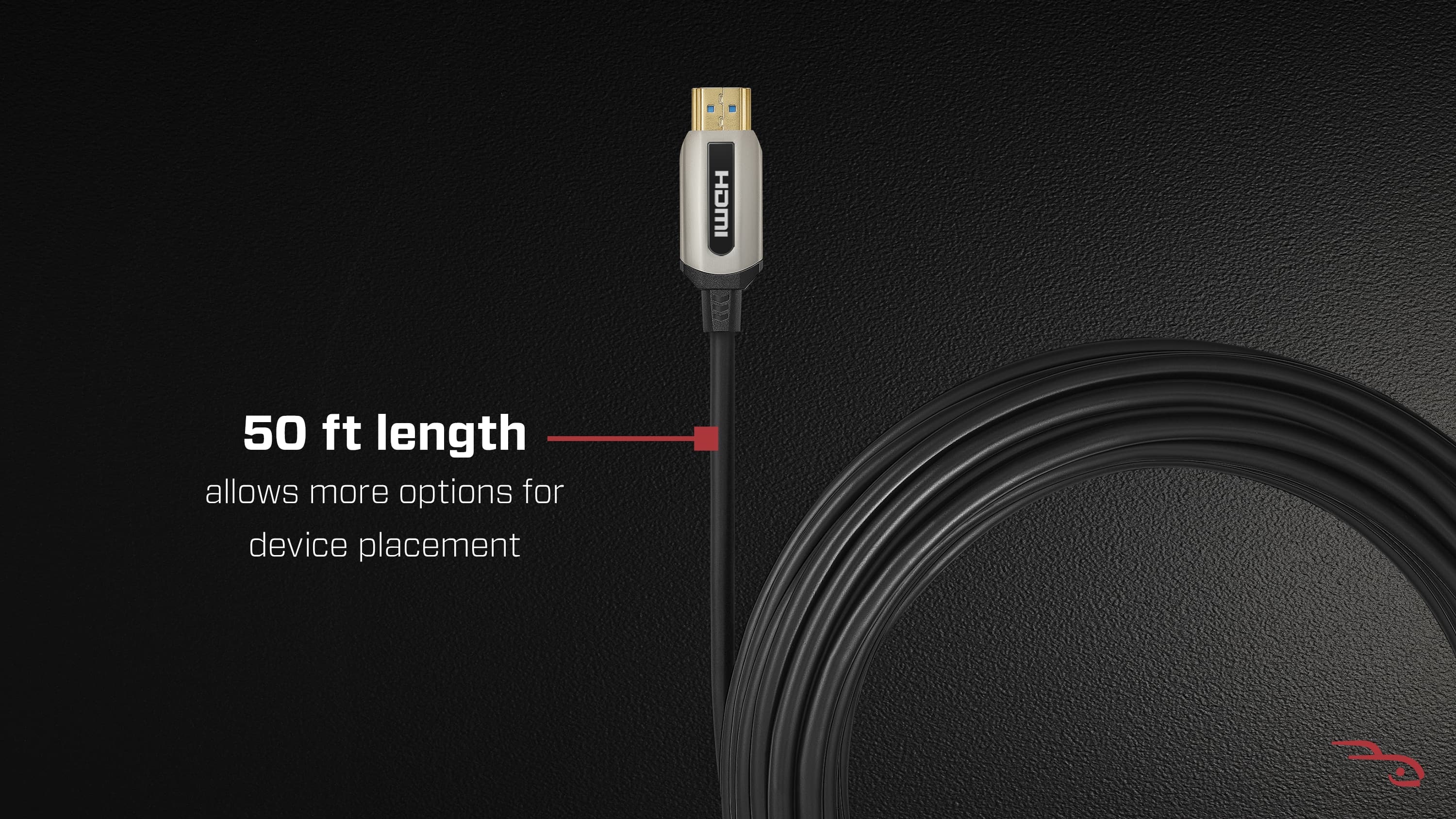 The text on the image reads: "50 ft length allows more options for device placement."