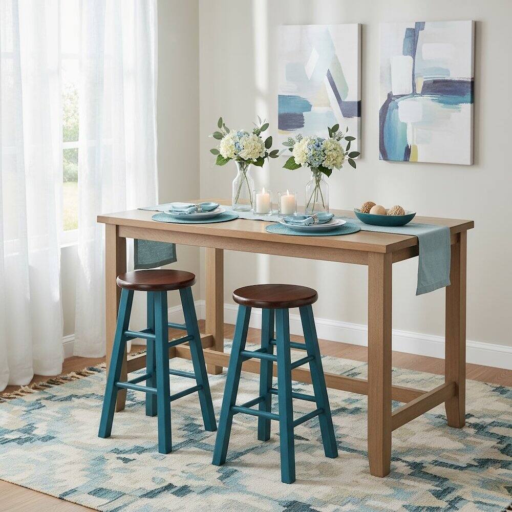 Alt View 2. FurniFact - 24" Rustic Teal Counter Stool - Rustic Teal / Walnut.