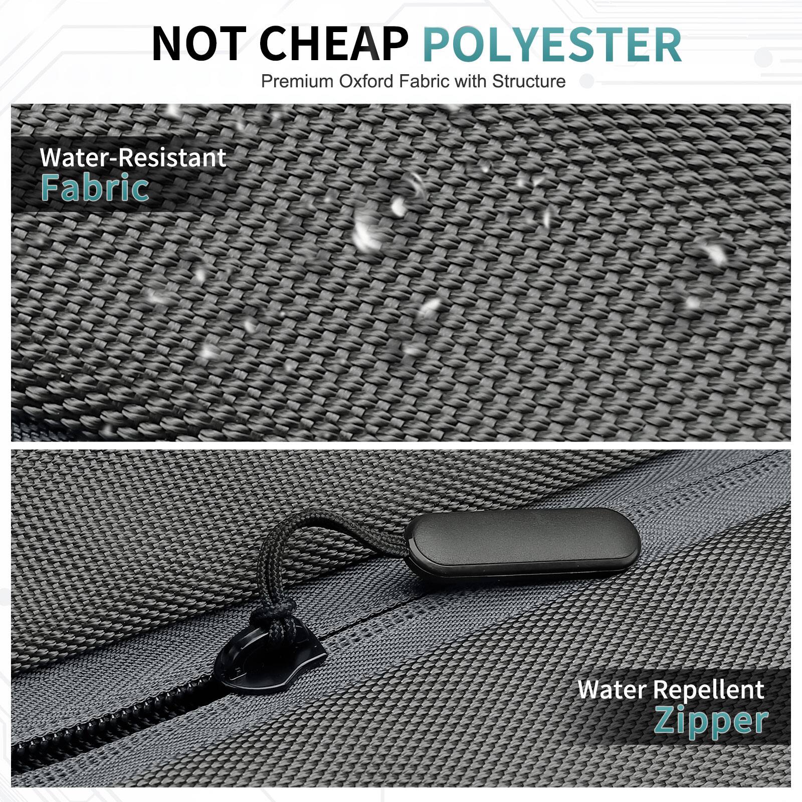 NOT CHEAP POLYESTER  
Premium Oxford Fabric with Structure  
Water-Resistant Fabric  
Water Repellent Zipper