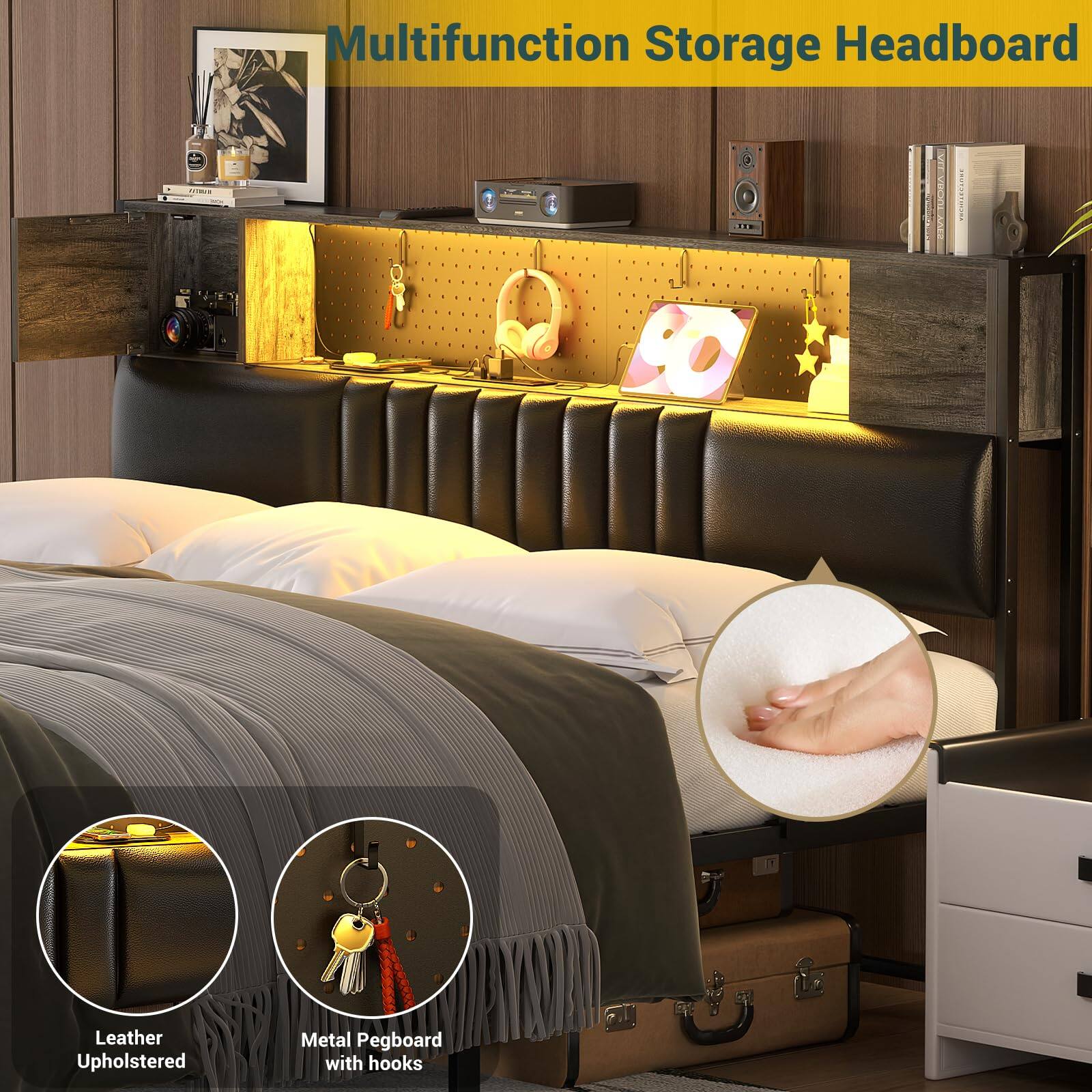 Multifunction Storage Headboard - R SO Leather Upholstered Metal Pegboard with hooks
