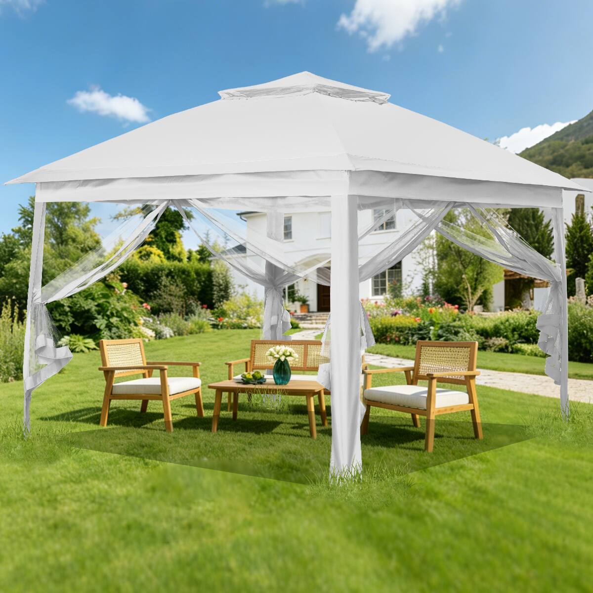 Ainfox - 11x11FT Pop Up Canopy Tent with Mesh Netting,Portable Carry Bag,Stakes & Ropes,Outdoor Gazebo - White price history on PriceWatchPro