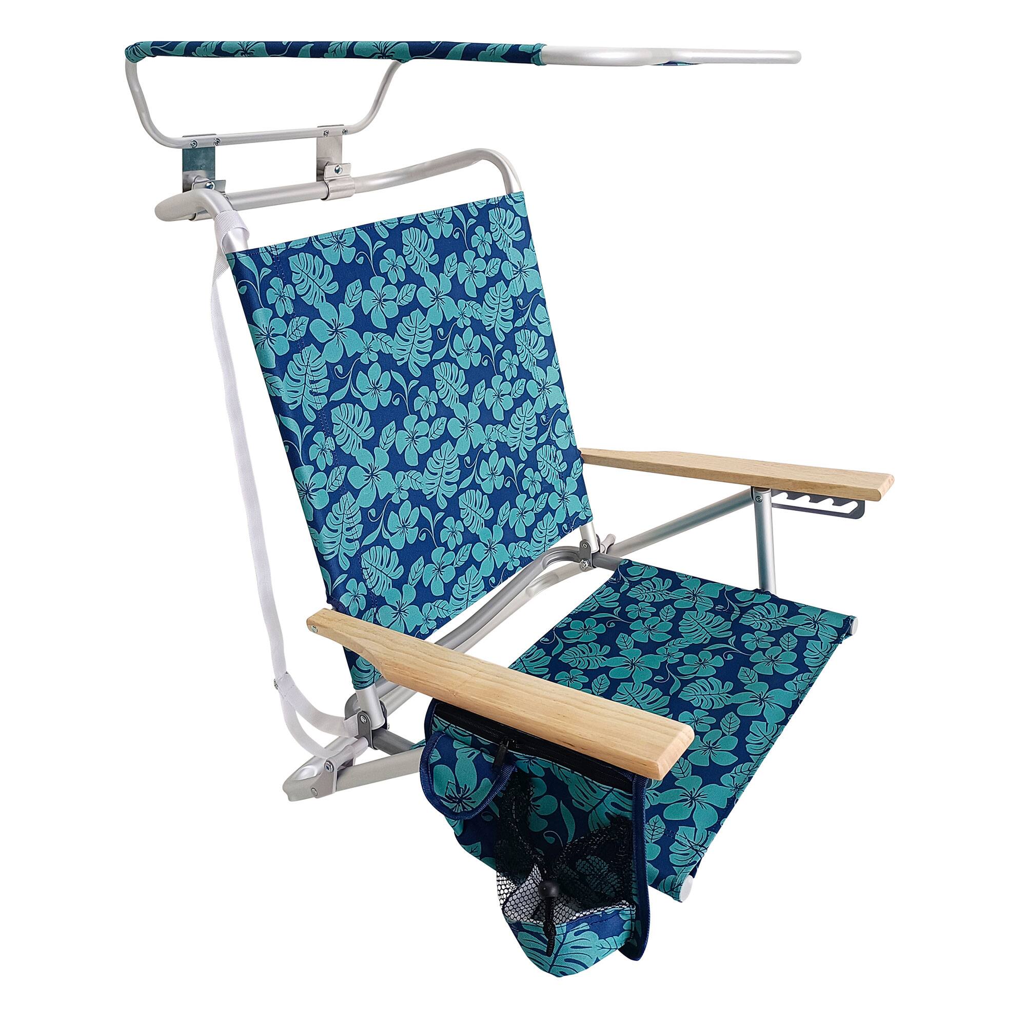 Alt View 1. Bliss Hammocks - Bliss Hammocks Folding Beach Chair, Backpack Recliner with Canopy, Blue Flower - Blue Flowers.