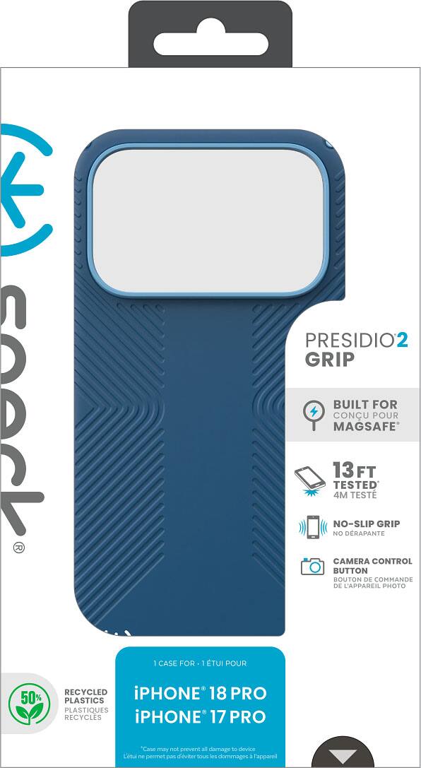 - speck
- 1 CASE FOR 1 TUI POUR
- PRESIDIO2 GRIP
- BUILT FOR CONCU POUR MAGSAFE
- 13 FT TESTED 4M TESTE
- NO-SLIP GRIP NO DRAPANTE
- CAMERA CONTROL BUTTON BOUTON DE COMMANDE DE L'APPAREIL PHOTO
- 50% RECYCLED PLASTICS PLASTIQUES RECYCLES
- iPHONE 18 PRO
- iPHONE 17 PRO
- "Case may not prevent all damage to device Ltui ne permet pas d'eviter tous les dommages a l'appareil