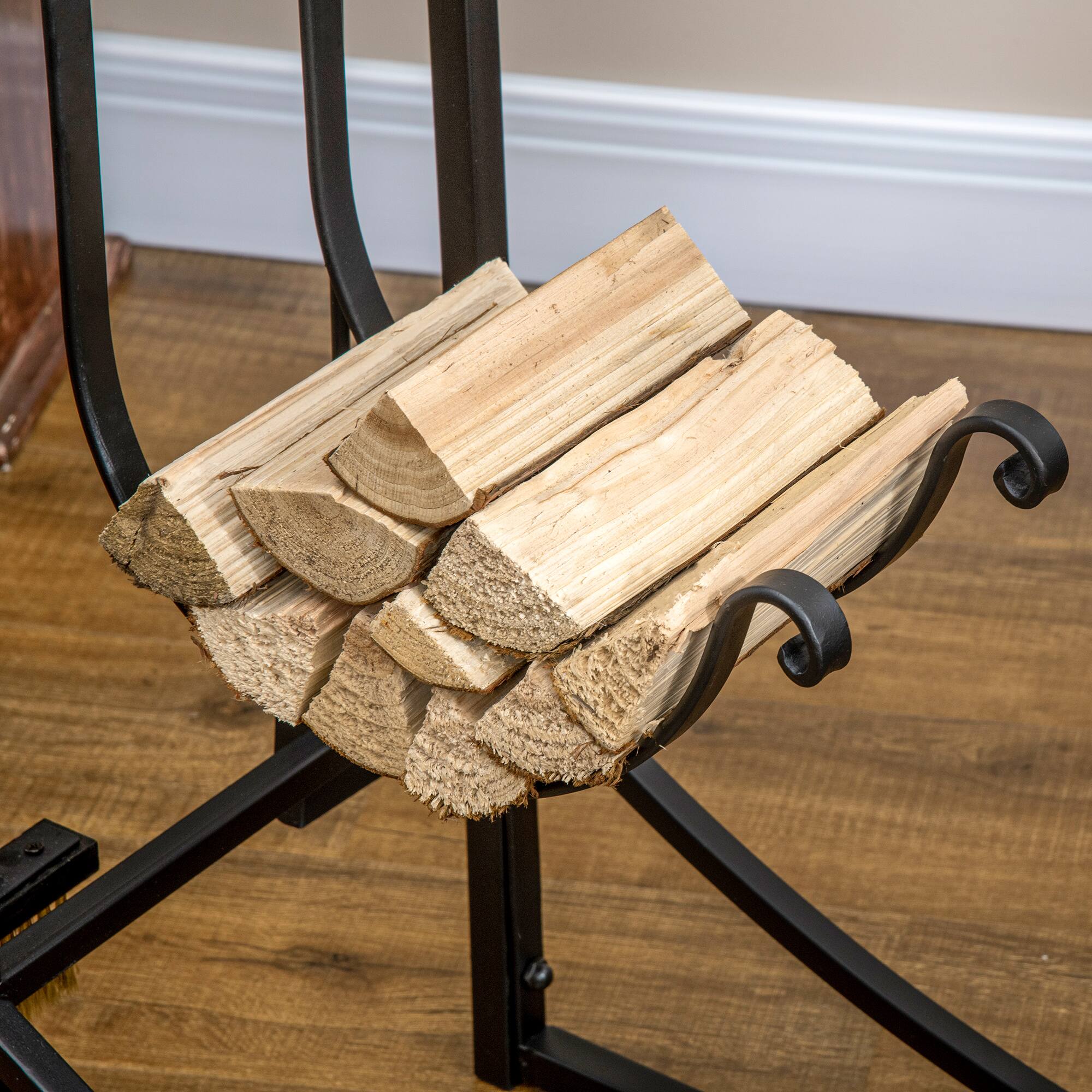 Alt View 5. Outsunny - Outsunny 33" Firewood Rack Outdoor Indoor with 4-Piece Fireplace Tools, Firewood Holder with 2 Tiers - Black.