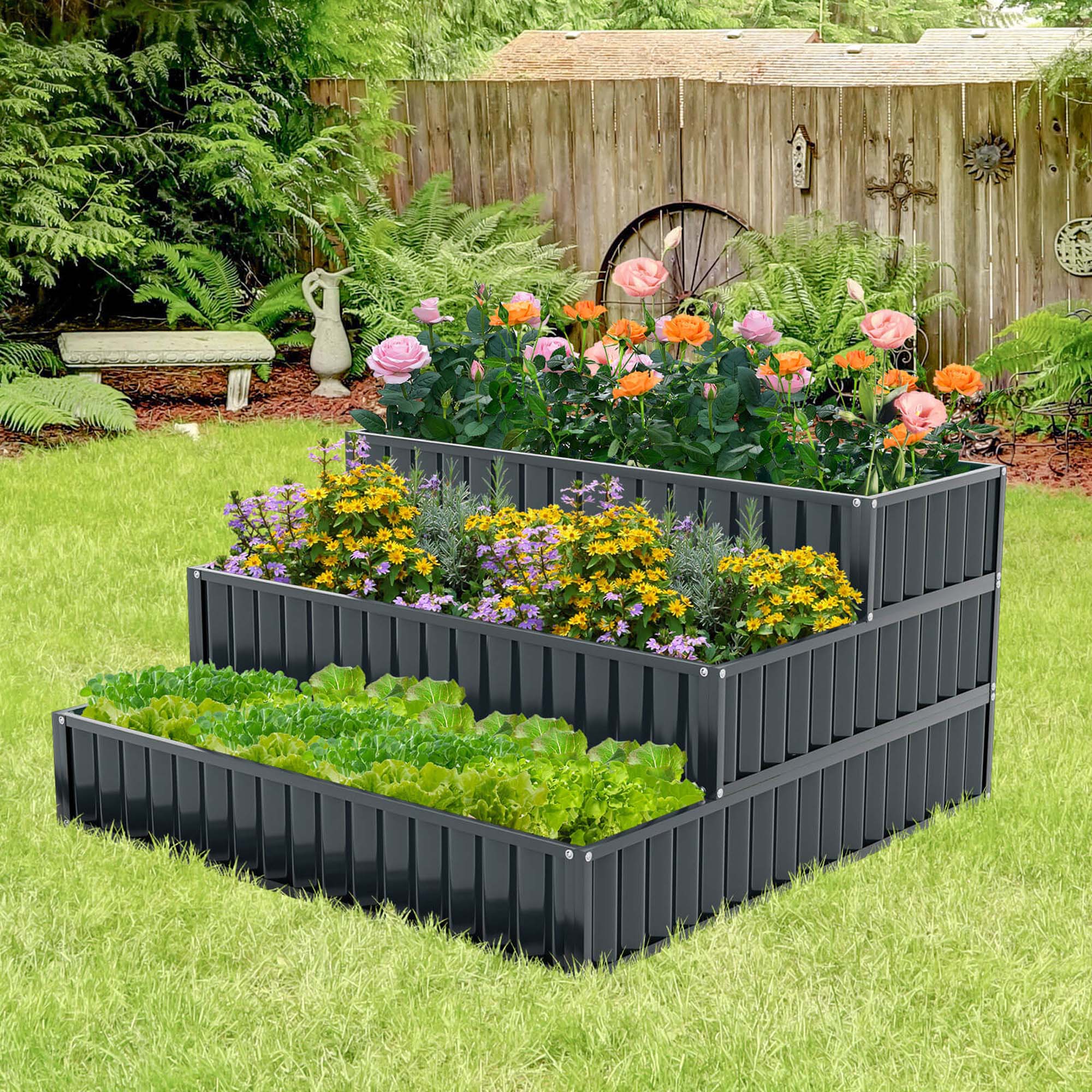 Alt View 3. Costway - 1 PCS 3-Tier Raised Garden Bed,47" x 47" x 24" Metal Outdoor Elevated Planter Box - Black.