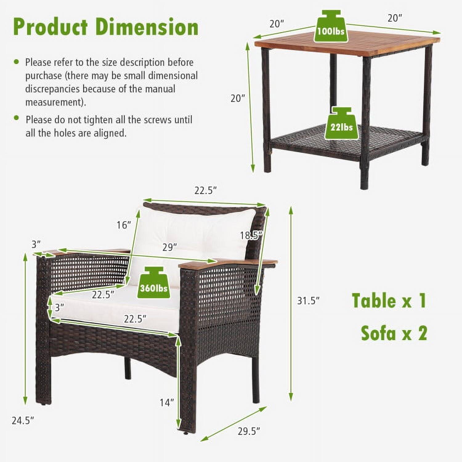 Product Dimension

- Please refer to the size description before purchase (there may be small dimensional discrepancies because of the manual measurement).
- Please do not tighten all the screws until all the holes are aligned.

Table x 1  
Sofa x 2

- Table: 20" x 20" x 20" (100lbs), 22.5" x 16" x 29" (22lbs)
- Sofa: 22.5" x 22.5" x 31.5" (360lbs), 24.5" x 29.5" x 14"