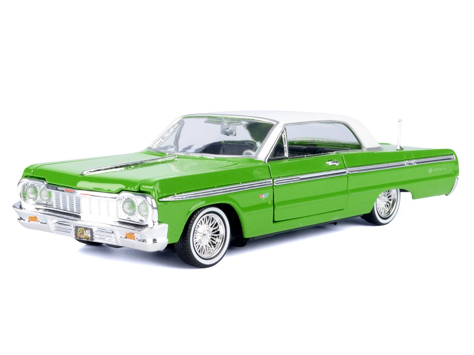 Angle. Motormax - 1964 Chevrolet Impala Lowrider Hard Top Green with White Top "Get Low" Series 1/24 Diecast Model Car by Motormax - Green with White.