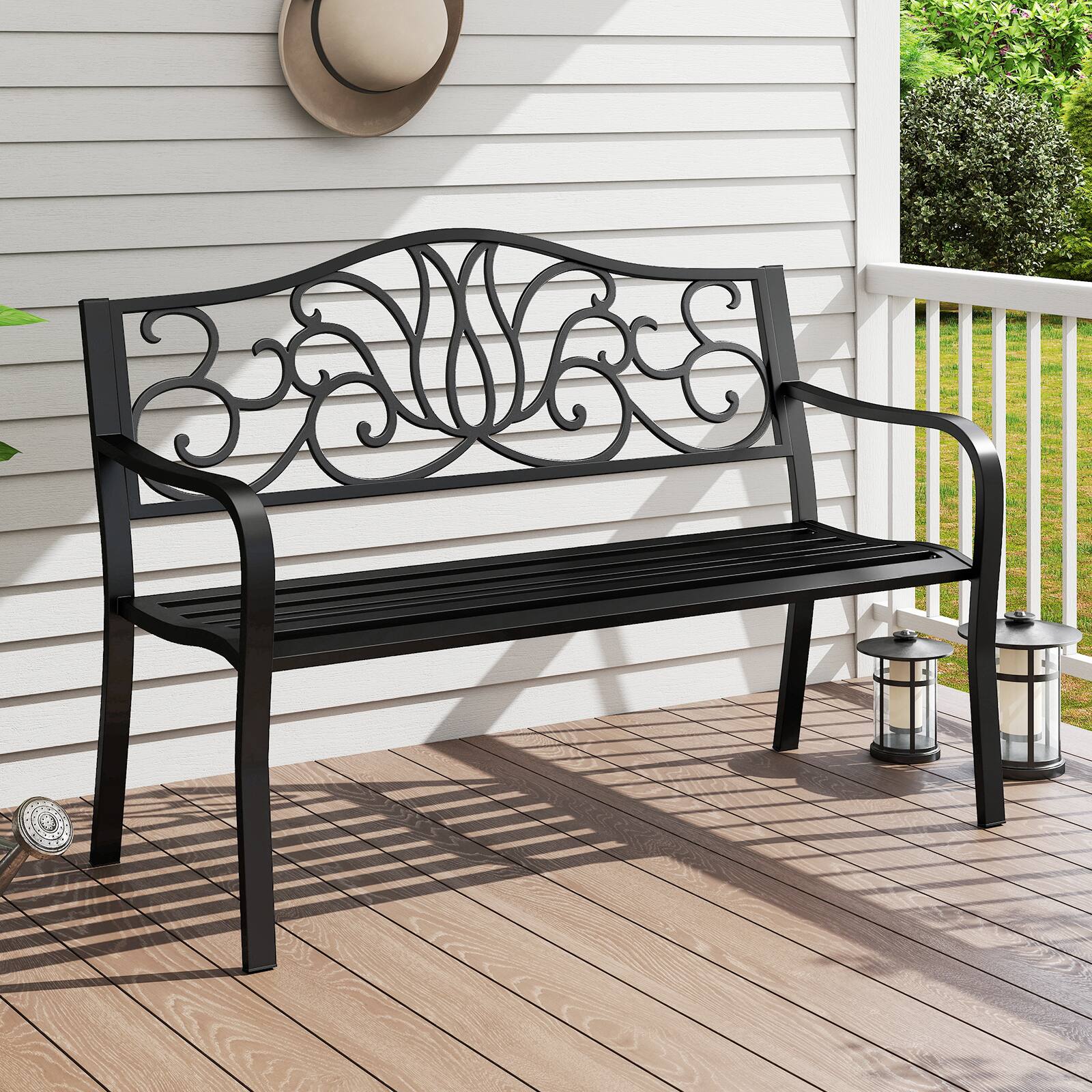 Gymax - 2-person Metal Bench w/ Floral Pattern Slanted Backrest Slatted Surface - Black price history on PriceWatchPro