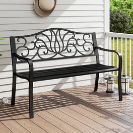Gymax - 2-person Metal Bench w/ Floral Pattern Slanted Backrest Slatted Surface - Black