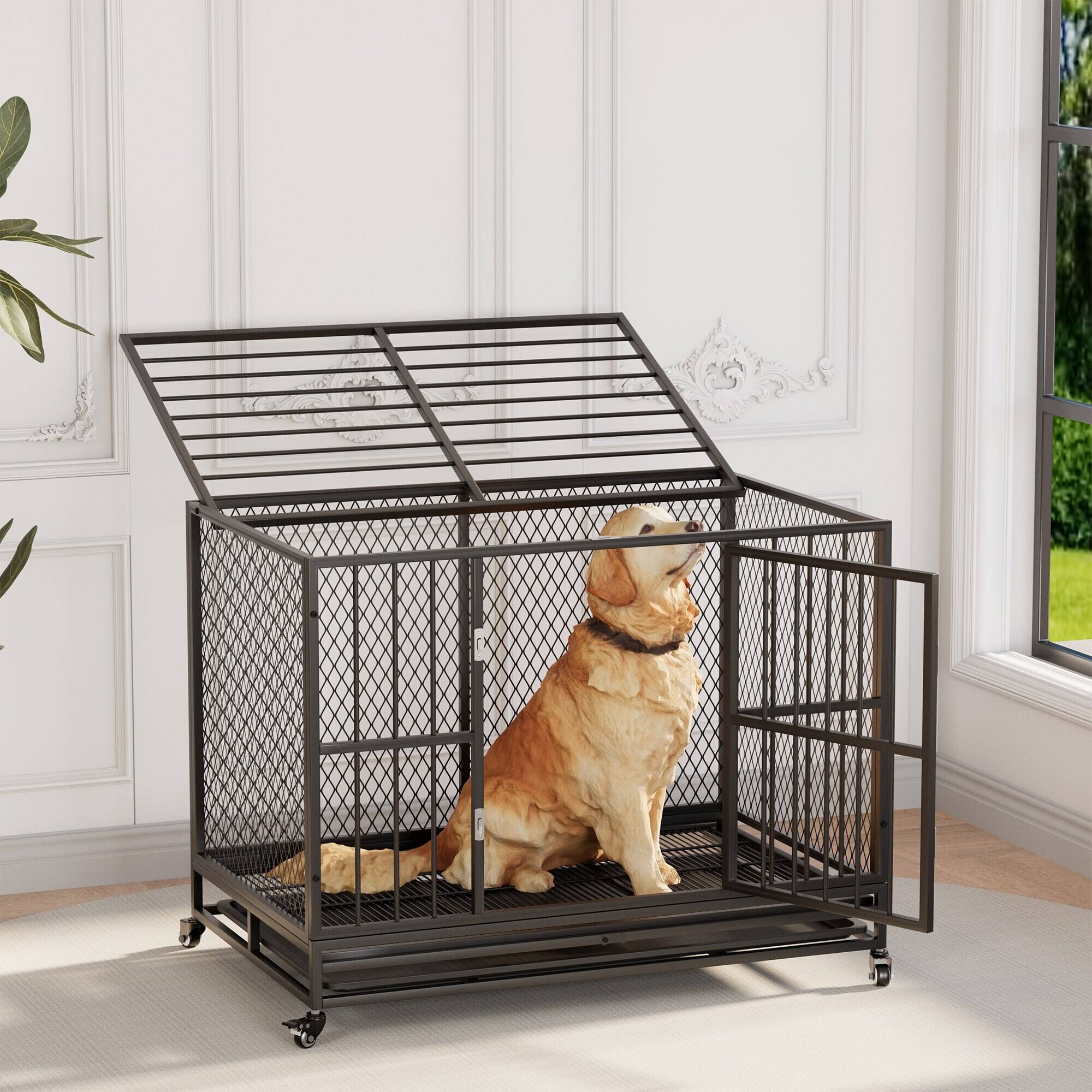 Angle. U-HOMY - Heavy Duty Dog Crate Furniture with Metal Mesh, Removable Tray & Lockable Wheels for Medium and Large Dogs.