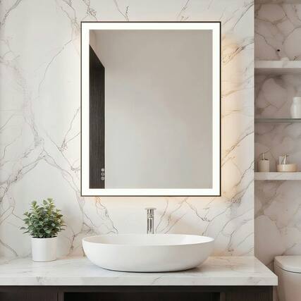 Front. Kadyn - 40x32 Inch Large Rectangle LED Bathroom Mirror with Contemporary Black Frame - Black.
