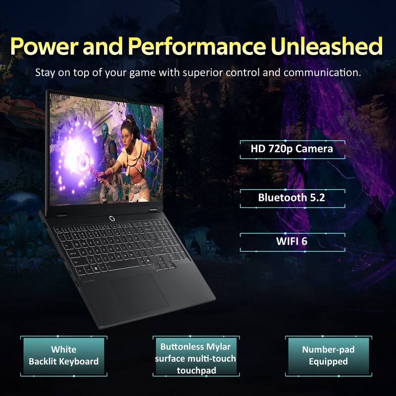 Power and Performance Unleashed  
Stay on top of your game with superior control and communication.  

- HD 720p Camera  
- Bluetooth 5.2  
- WIFI 6  
- White Backlit Keyboard  
- Buttonless Mylar surface multi-touch touchpad  
- Number-pad Equipped