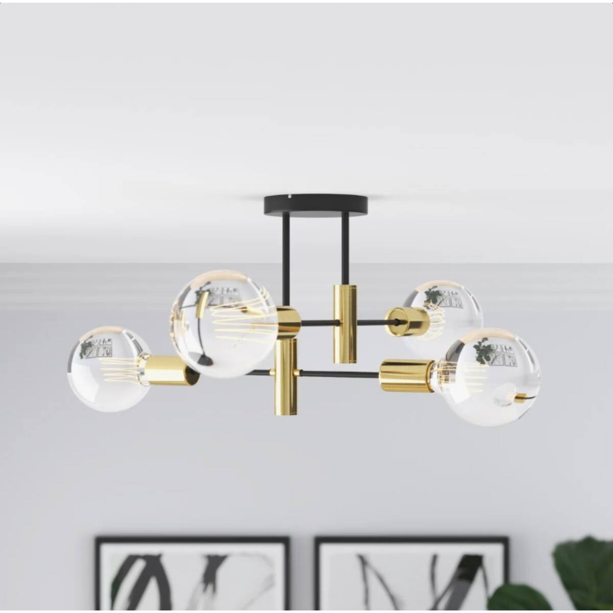 Left. Loheer - Loheer 4 Light Sputnik Ceiling Light, Black and Gold Semi Flush Mount, Modern Metal Chandelier for Living Room.