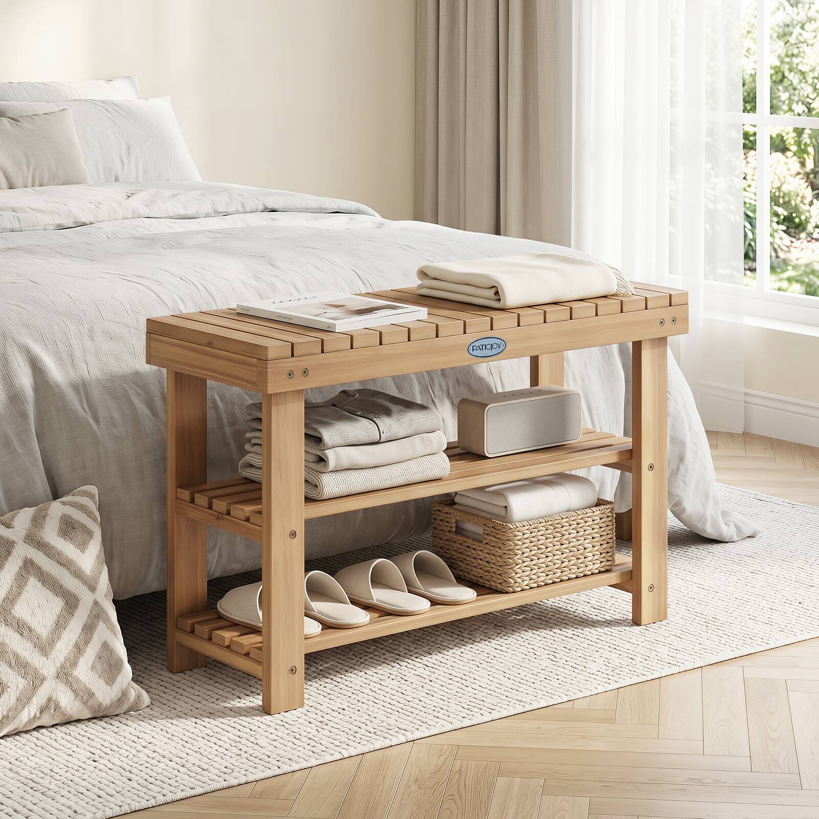 Alt View 1. Costway - Costway 3-Tier Solid Wood Shoe Rack Bench Free Standing Shoe Organizer with Slatted Shelves - Natural.