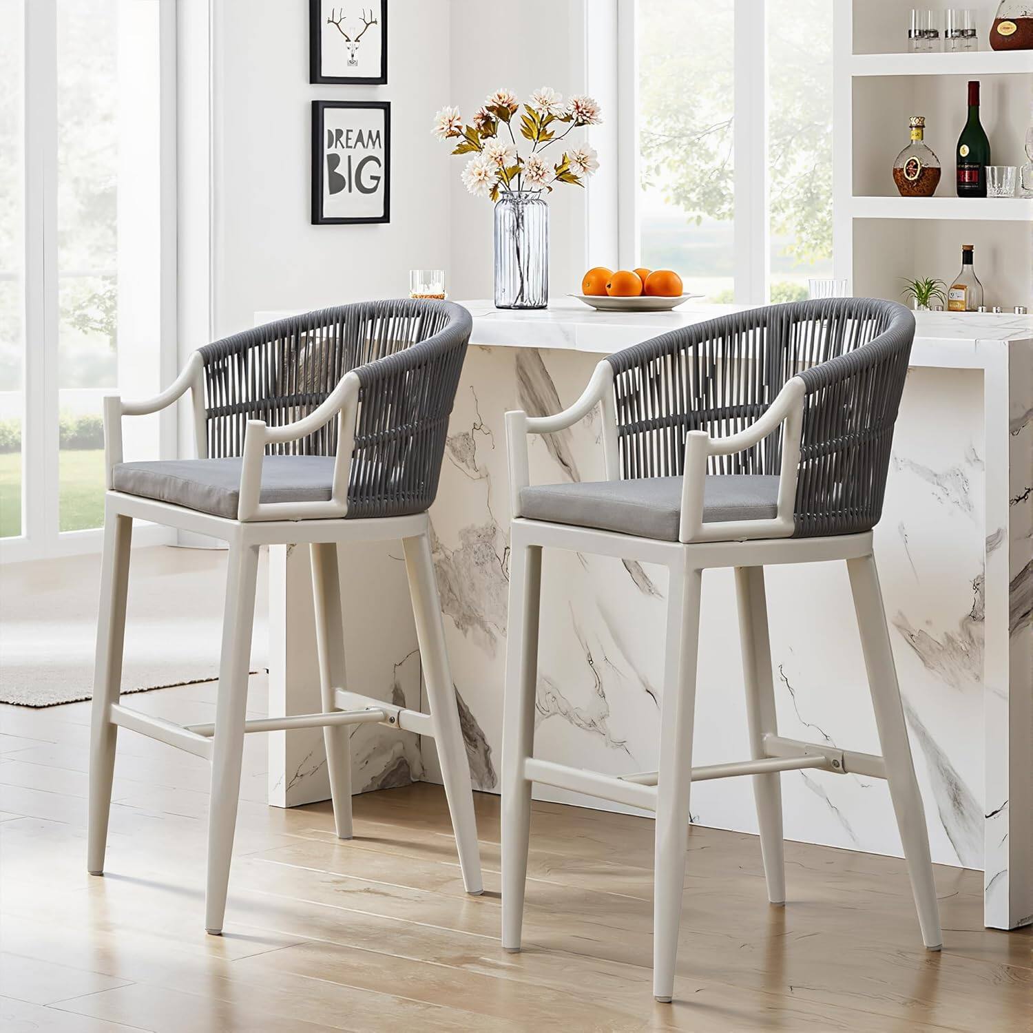 Alt View 3. PURPLE LEAF - Patio Bar Height Set of 2 Outdoor Rattan Chairs with Back Modern Aluminum Woven Barstools for Garden Indoor Kitchen - White-Bar Stool.