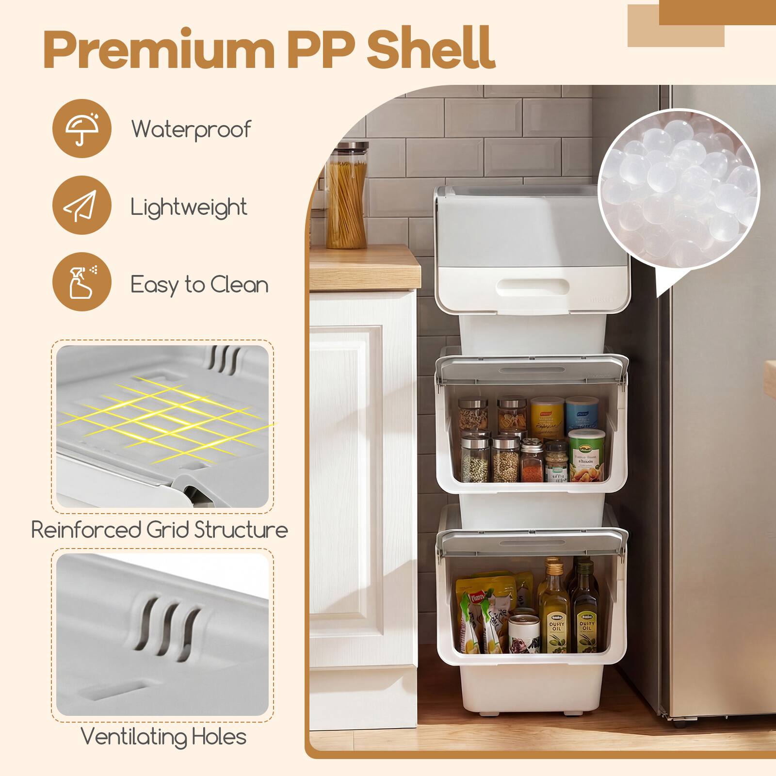 Premium PP Shell  
- Waterproof  
- Lightweight  
- Easy to Clean  

Reinforced Grid Structure  
Ventilating Holes