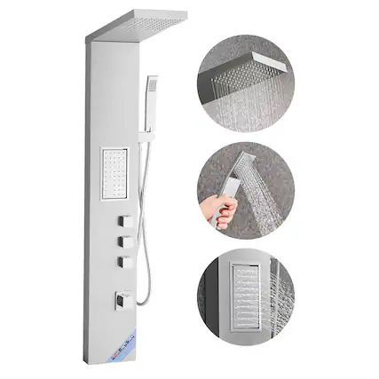 Front. VEVOR - Shower Panel Tower System with Rainfall Shower Head, 53 in Brushed Stainless Steel Shower Column, 3-Function Faucet - Silver.