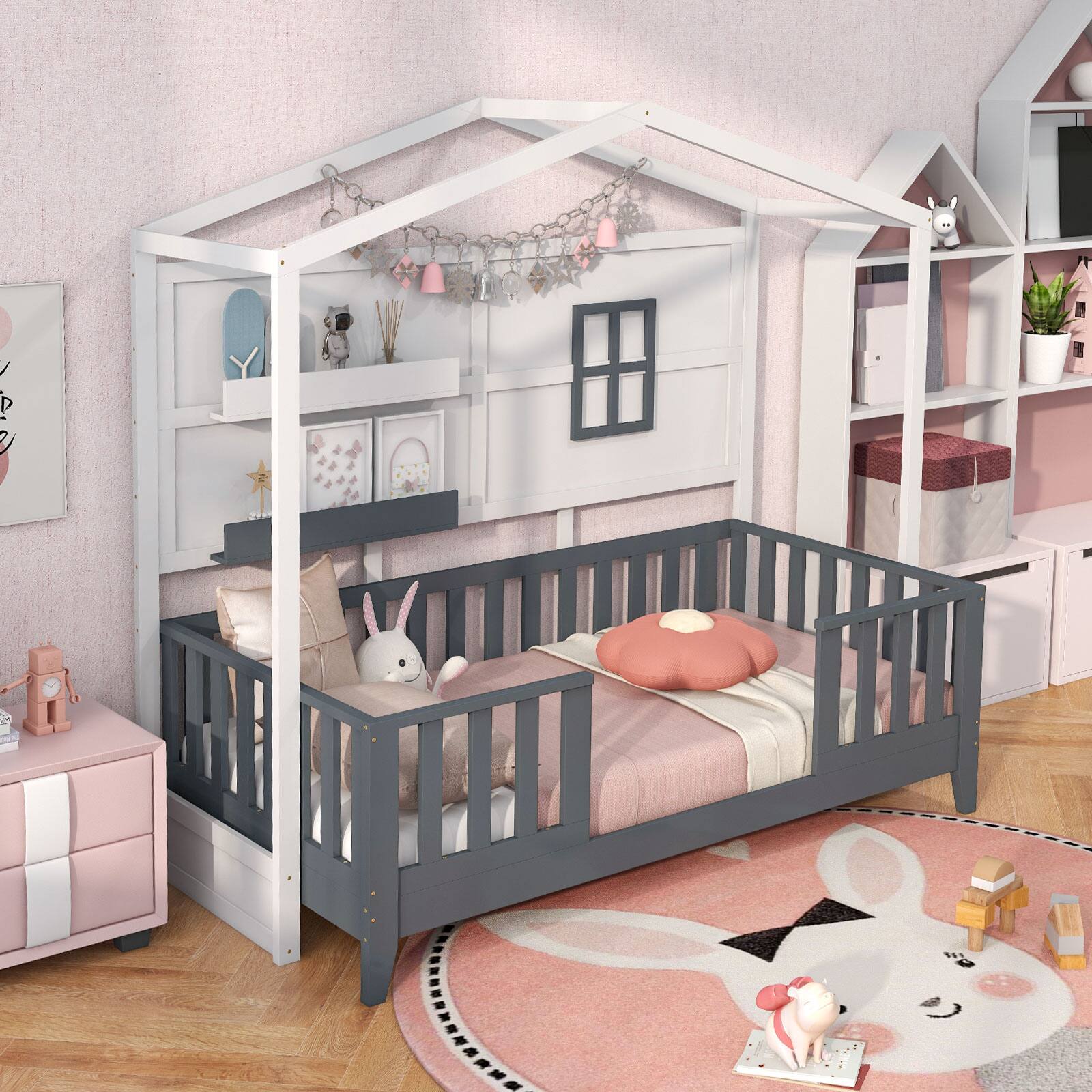 Alt View 1. Costway - Costway Twin Size Kids House Bed with Fence Window Wooden Slats & 2 Storage Shelves - White,Gray.