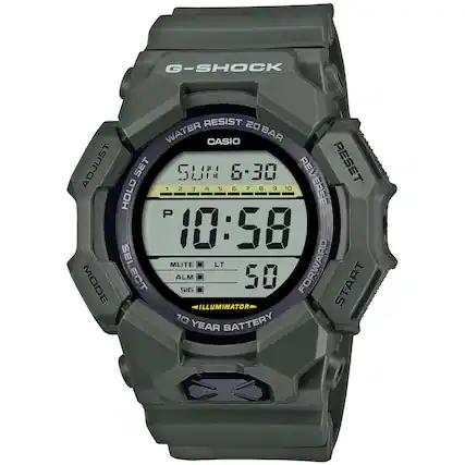 G-SHOCK
WATER RESIST 20BAR
CASIO
SUN 6-30
10:58
50
ADJUST
HOLD SET
RESET
REVERSE
FORWARD
START
MUTE
LT
ALM
SIG
ILLUMINATOR
10 YEAR BATTERY