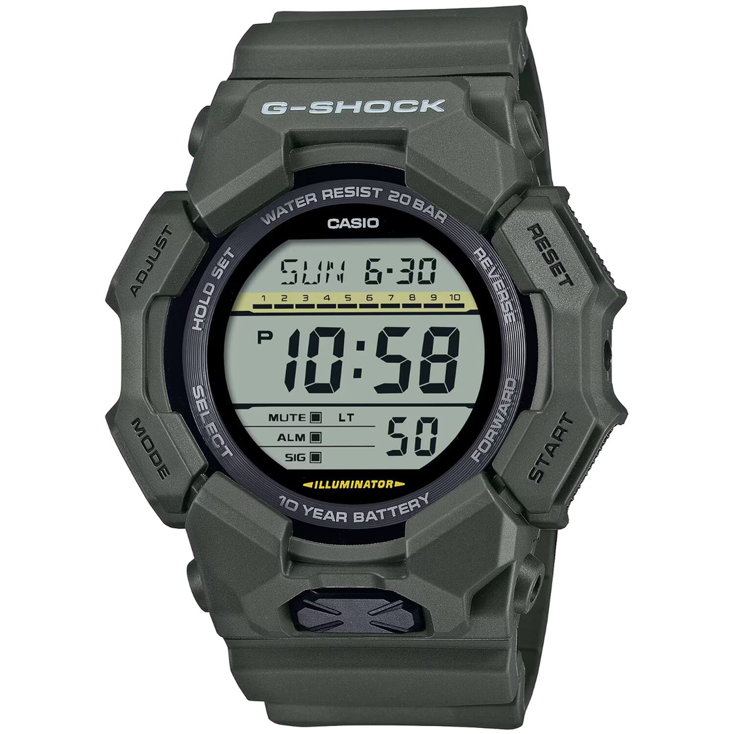 G-SHOCK  
WATER RESIST 20BAR  
CASIO  

SUN 6-30  
10:58  
50  

ADJUST  
HOLD SET  
RESET  
REVERSE  
FORWARD  
START  

MUTE  
LT  
ALM  
SIG  

ILLUMINATOR  
10 YEAR BATTERY