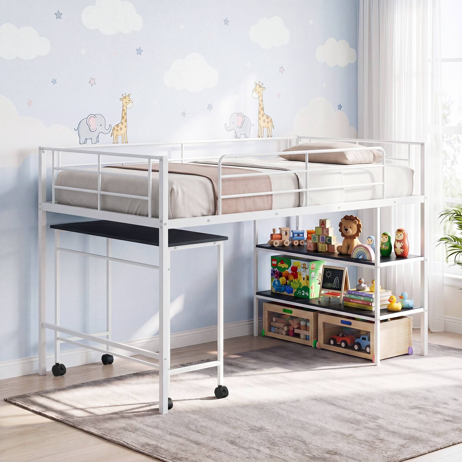 Alt View 1. Gymax - Gymax Twin Size Loft Bed w/Rolling Desk & Bookshelf Metal Slats for Bedroom Dormitory White - White.