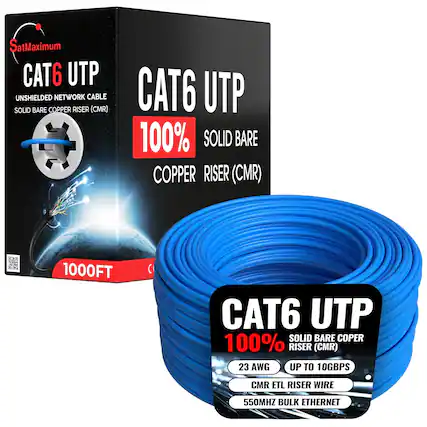 SatMaximum CAT6 UTP Unshielded Network Cable Solid Bare Copper Riser (CMR) 1000FT (CAT6 UTP Solid Bare Copper 100% Riser (CMR) 23 AWG Up to 10GBPS CMR ETL Riser Wire 550MHz Bulk Ethernet