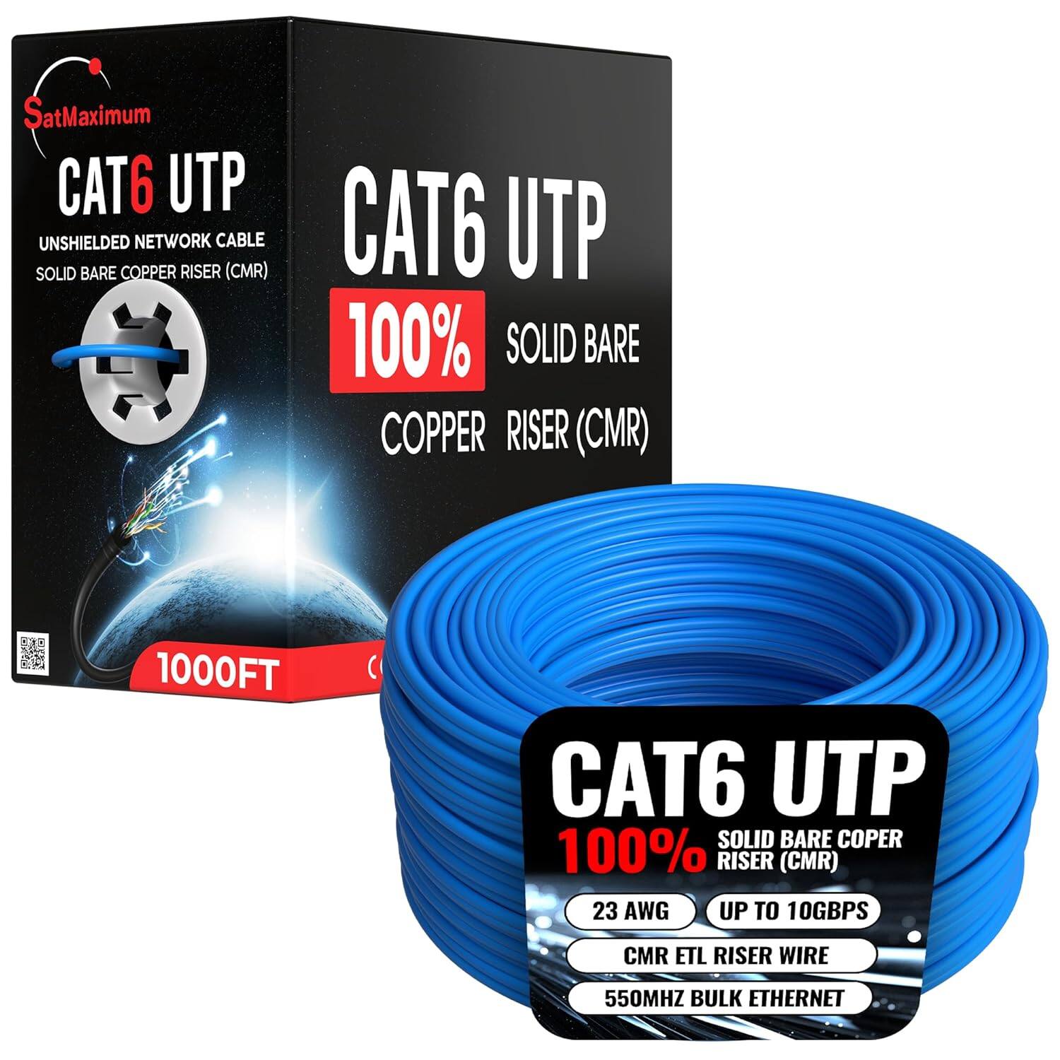 SatMaximum CAT6 UTP Unshielded Network Cable Solid Bare Copper Riser (CMR) 1000FT (CAT6 UTP Solid Bare Copper 100% Riser (CMR) 23 AWG Up to 10GBPS CMR ETL Riser Wire 550MHz Bulk Ethernet