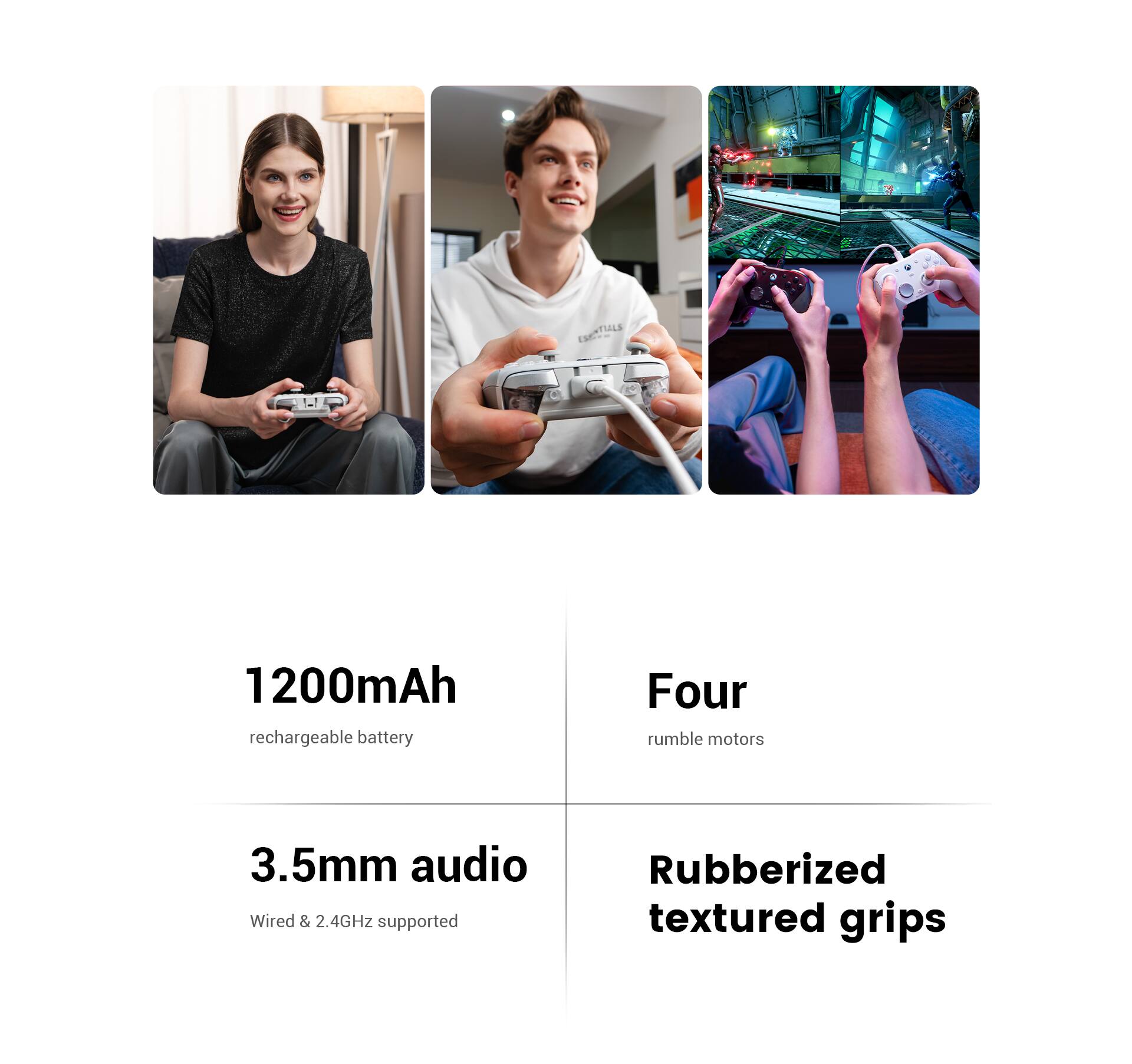 The image features a man and a woman playing a video game together. The man is holding a video game controller, while the woman is sitting next to him. The image also includes information about the controller, such as the 1200mAh rechargeable battery, four rumble motors, 3.5mm audio, and wired and 2.4GHz supported features. Additionally, the controller has rubberized textured grips for a better gaming experience.