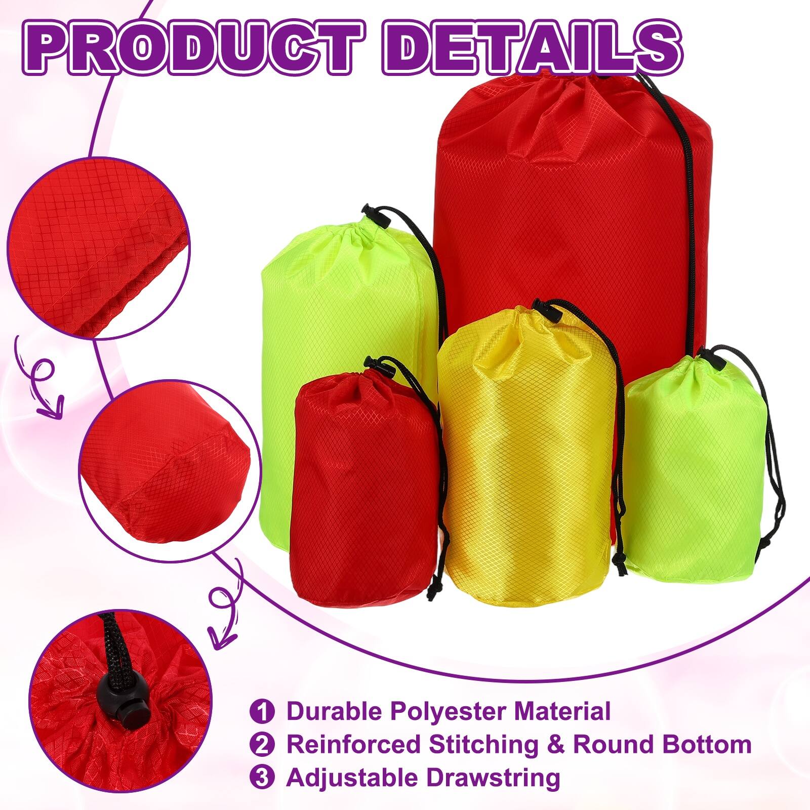 PRODUCT DETAILS

1. Durable Polyester Material
2. Reinforced Stitching & Round Bottom
3. Adjustable Drawstring