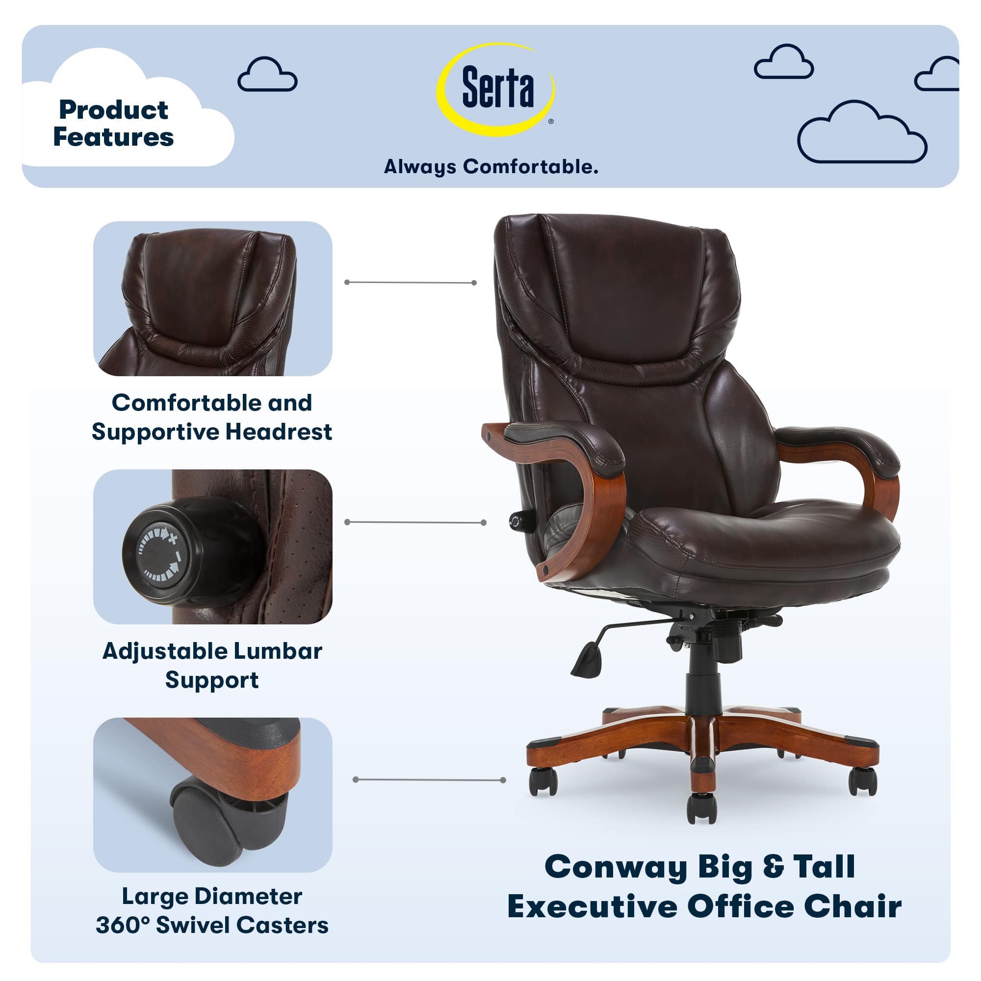 The image showcases a comfortable and supportive office chair with a headrest, adjustable lumbar support, and large diameter 360 swivel casters. The chair is designed for the Conway Big & Tall Executive Office Chair, which is suitable for taller individuals. The chair is made by Serta, a well-known brand for comfortable and supportive furniture.