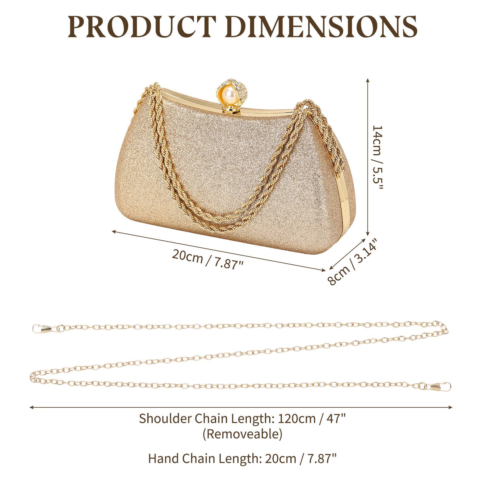 PRODUCT DIMENSIONS

14cm / 5.5"  
20cm / 7.87"  
8cm / 3.14"  

Shoulder Chain Length: 120cm / 47" (Removable)  
Hand Chain Length: 20cm / 7.87"