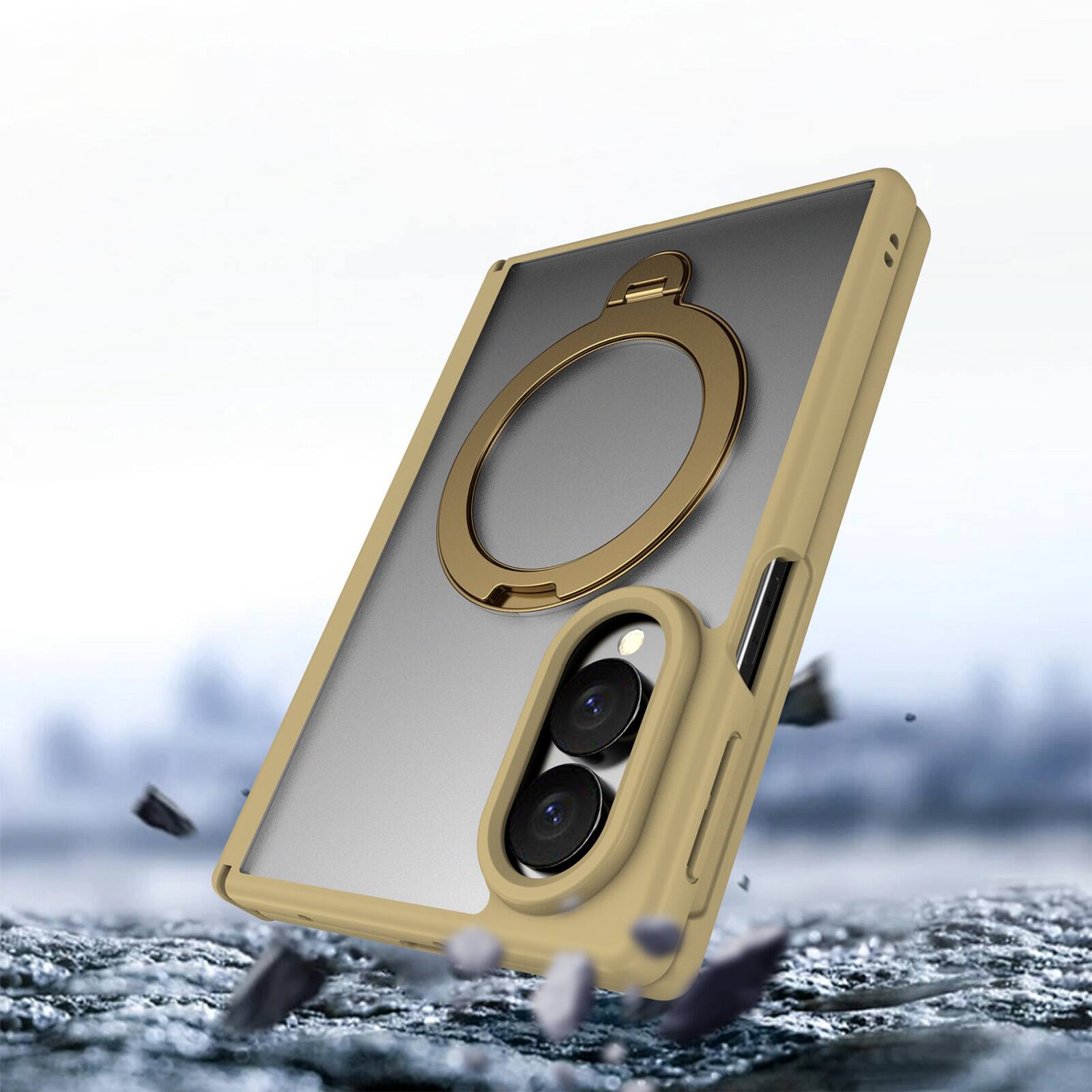 Left. Dteck - For Samsung Galaxy Z Fold8 Magnetic Case Built-in Screen Protector,Shockproof Ring Stand Clear Back Hinge Protect Cover - Gold.