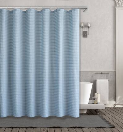 Front. Kate Aurora - Kate Aurora Spa Collection Modern Waffle Fabric Shower Curtain - Standard Size - Blue - Blue.