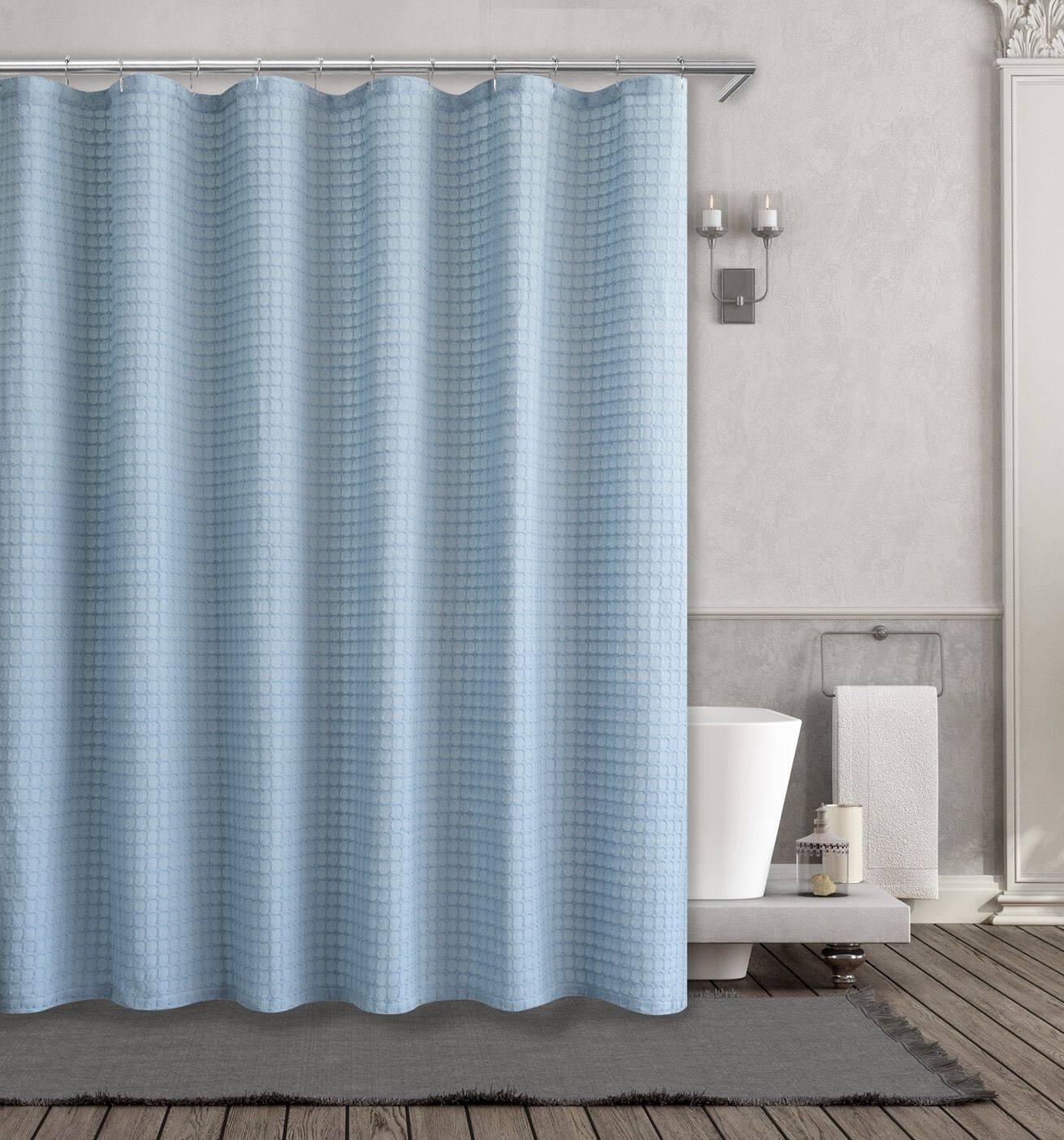 Front. Kate Aurora - Kate Aurora Spa Collection Modern Waffle Fabric Shower Curtain - Standard Size - Blue - Blue.