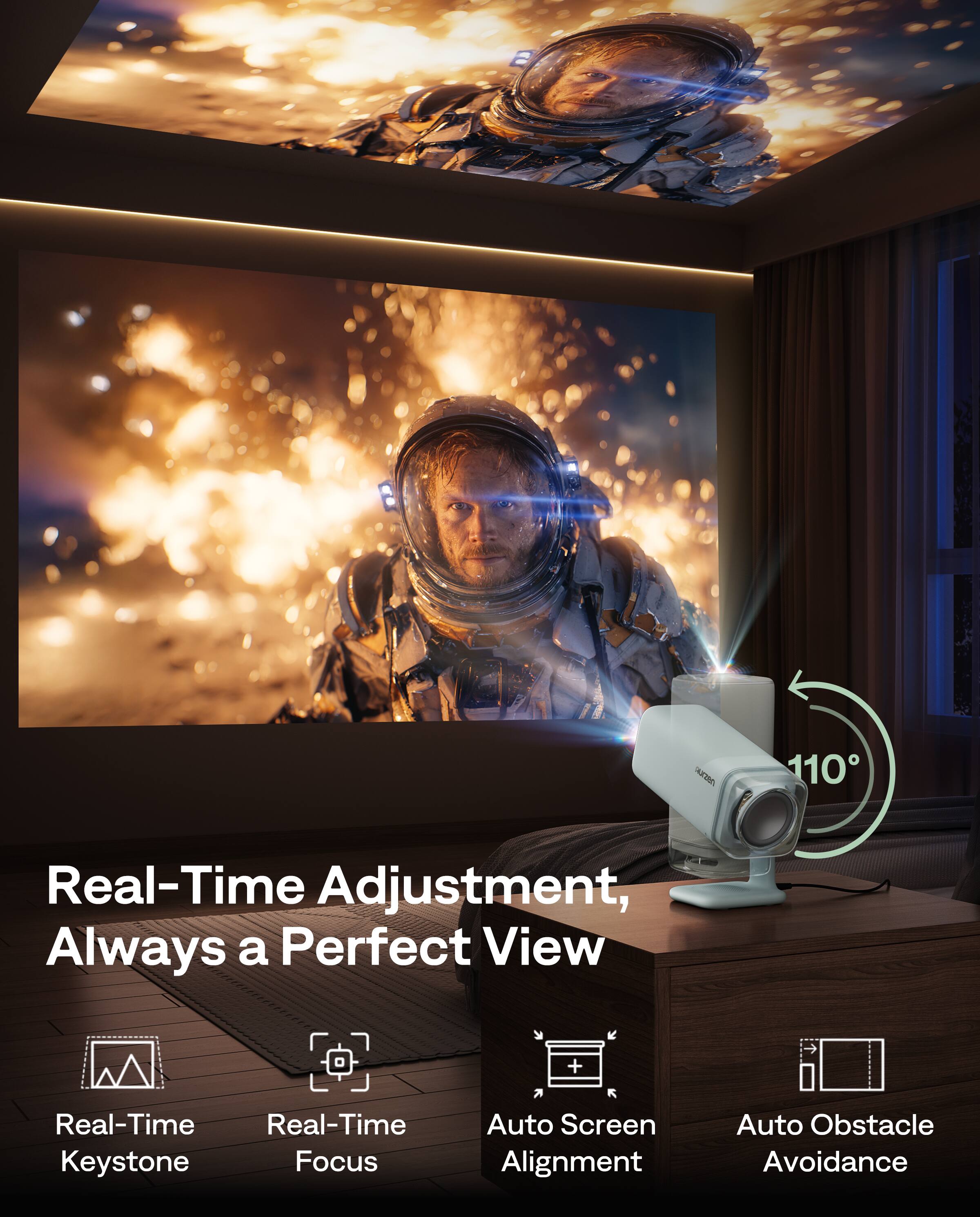 Real-Time Adjustment, Always a Perfect View

- Real-Time Keystone
- Real-Time Focus
- Auto Screen Alignment
- Auto Obstacle Avoidance
