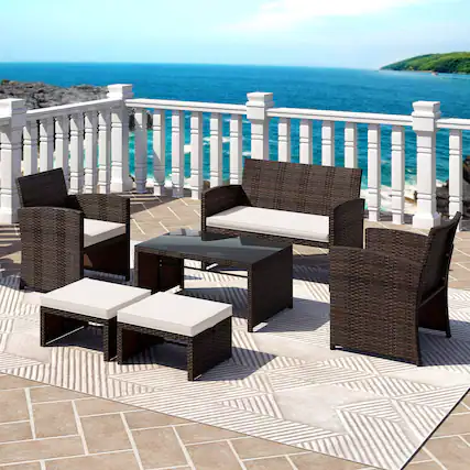 Front. Gymax - Gymax 6 PCS Patio Furniture Set w/ 1 Loveseat 1 Coffee Table 2 Armchairs 2 Ottomans White - Mix Brown, White.