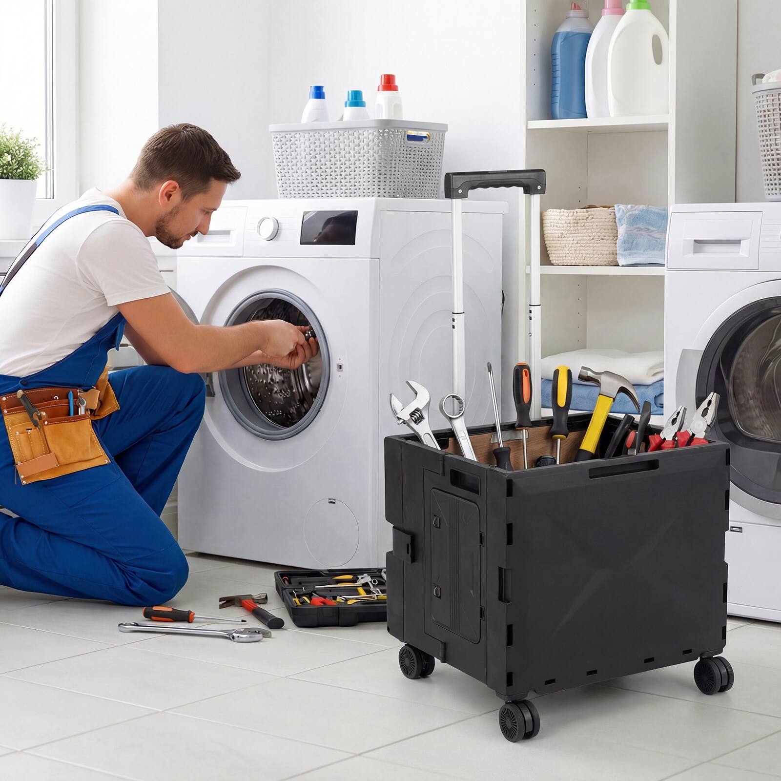 Alt View 1. Gymax - Gymax Foldable Utility Cart on 4 Rotate Wheels w/Telescoping Handle Lid & Cup Holder Black - Black.