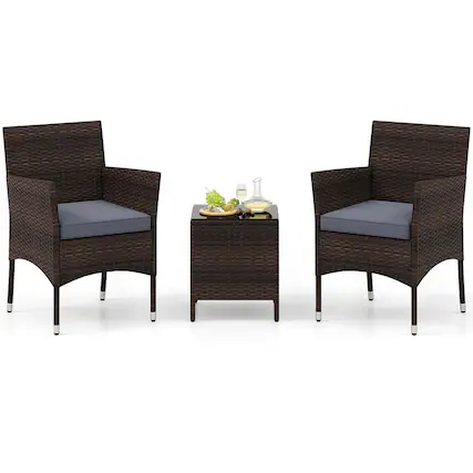 Front. Costway - 3 PCS Outdoor Conversation Set with Cushioned Seat & Tempered Glass Tabletop - Gray,Mix Brown.