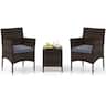 Costway - 3 PCS Outdoor Conversation Set with Cushioned Seat & Tempered Glass Tabletop - Gray,Mix Brown