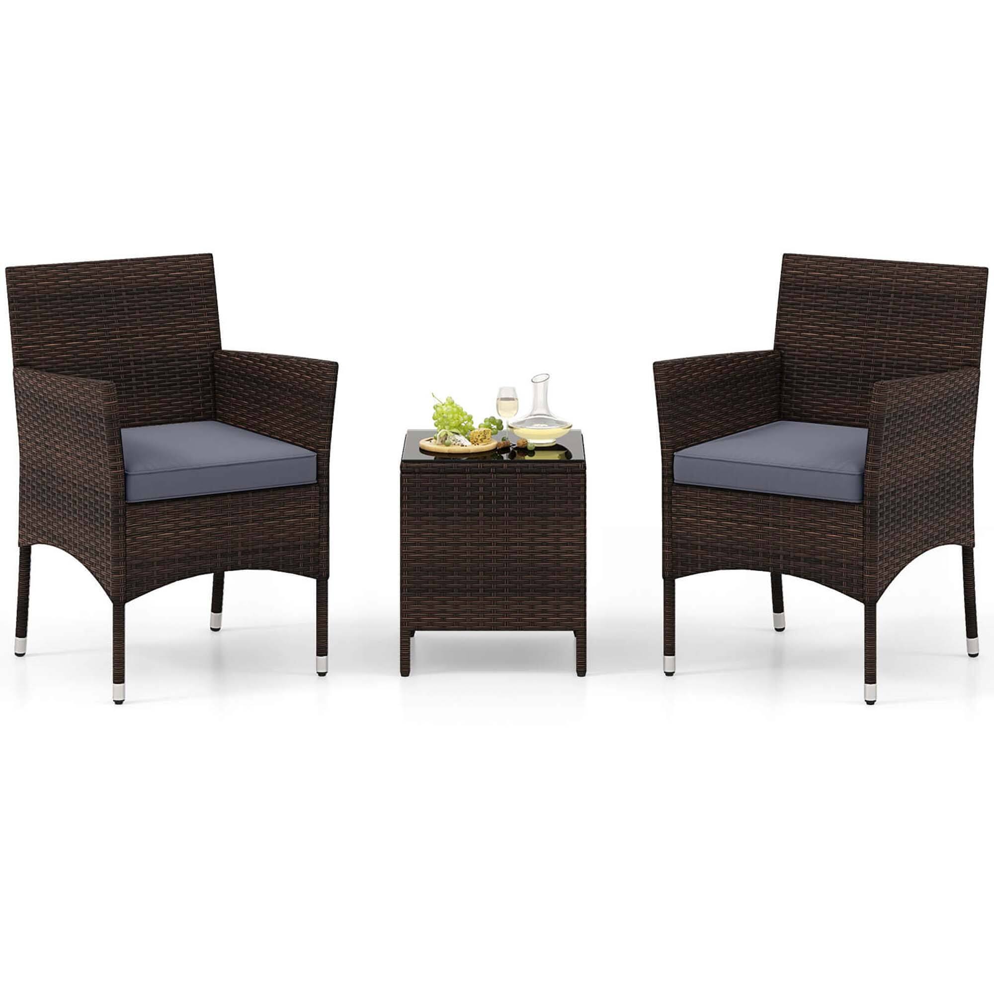 Front. Costway - 3 PCS Outdoor Conversation Set with Cushioned Seat & Tempered Glass Tabletop - Gray,Mix Brown.