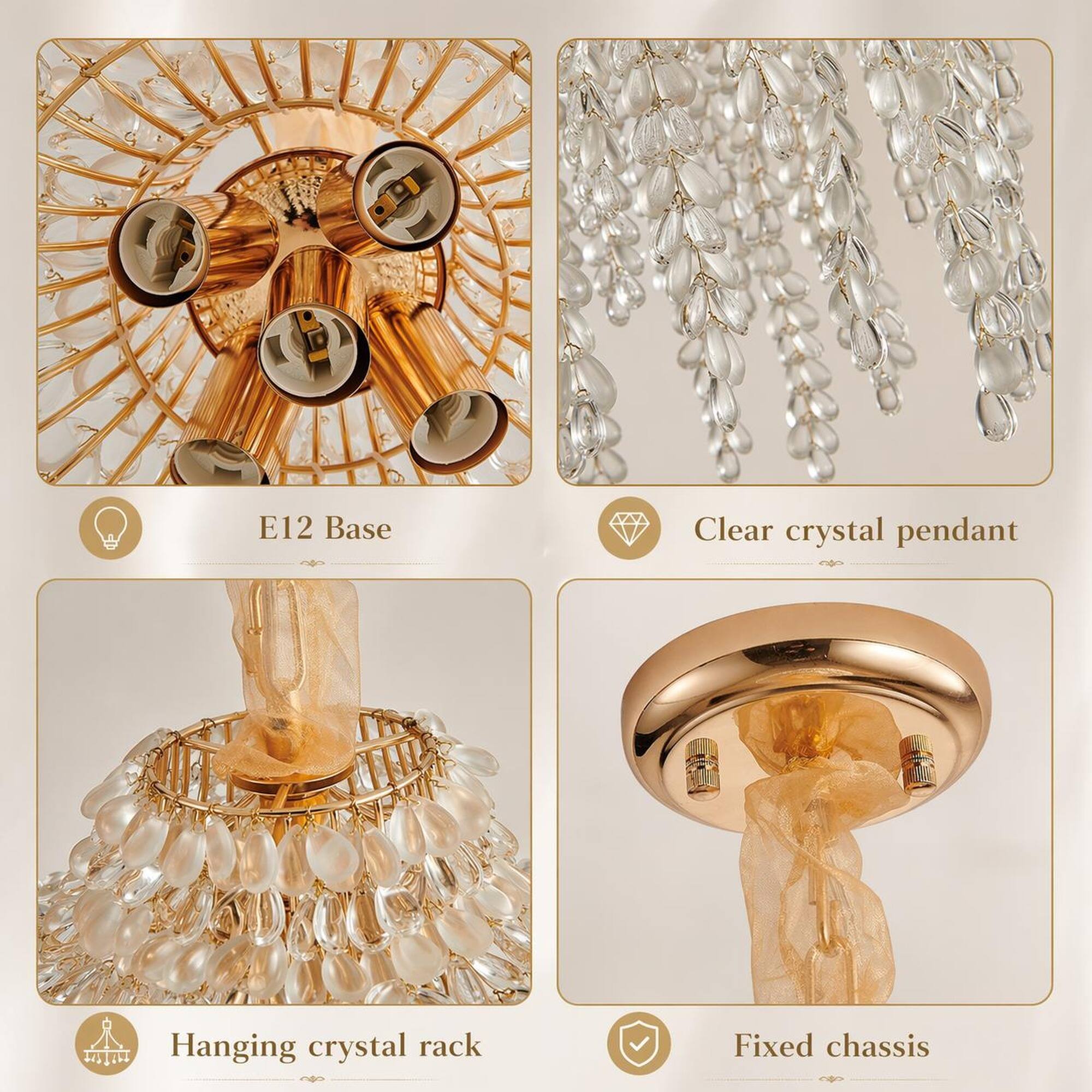 E12 Base  
Clear crystal pendant  
Hanging crystal rack  
Fixed chassis