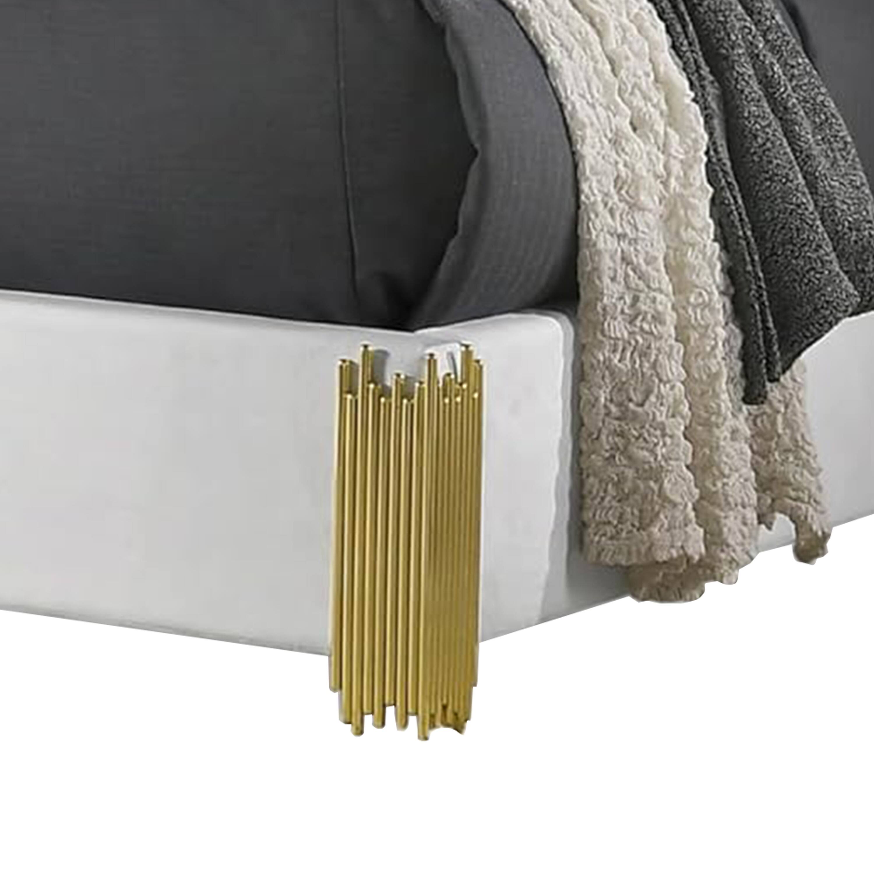 Alt View 3. Manhattan Lane - Dyl Queen Bed, Soft Foam Upholstered, White Fabric, Gold Accent Posts - White, Gold.