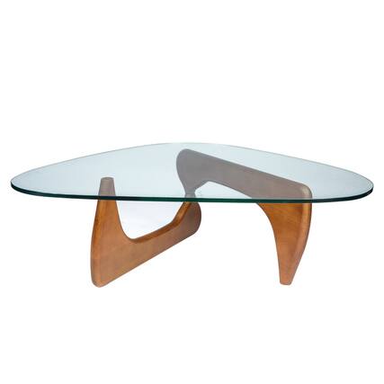 Front. LeisureMod - Imperial Modern Triangular Tempered Glass Coffee Table with Cross-Brace Wooden Base for Home & Living Room - Light Walnut.