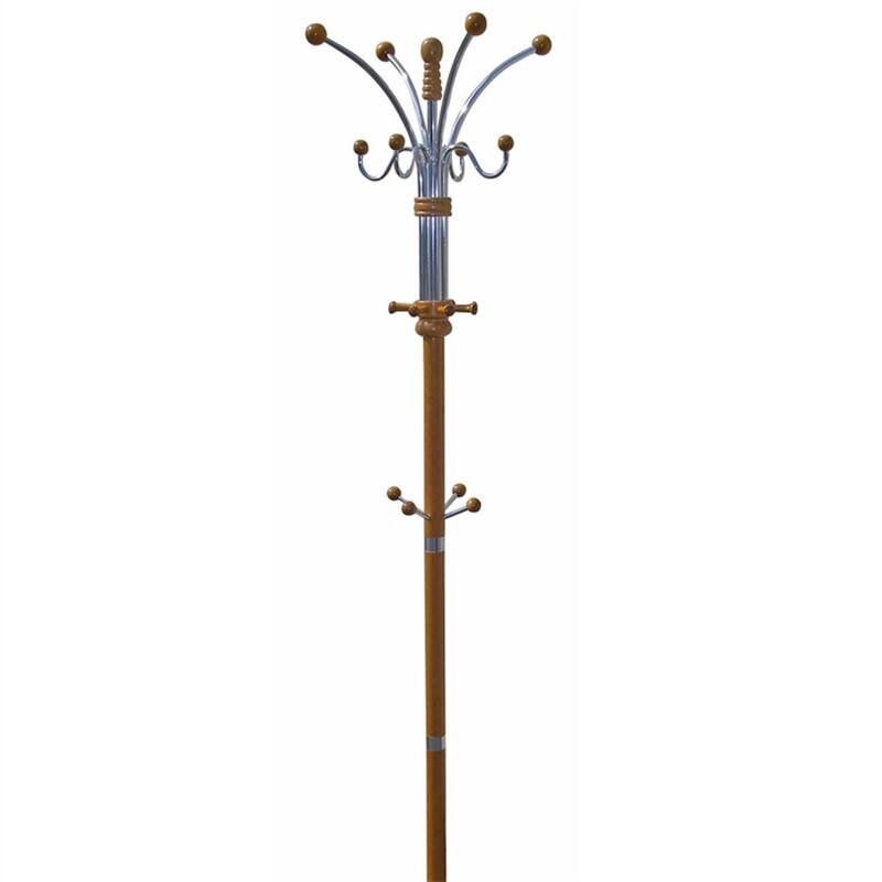 Back. ALEXOUN - 73" Chrome & Oak Coat Rack - Composite Wood Standing Hanger, 60 lbs Capacity, 19" Base, 1pc - Oak.