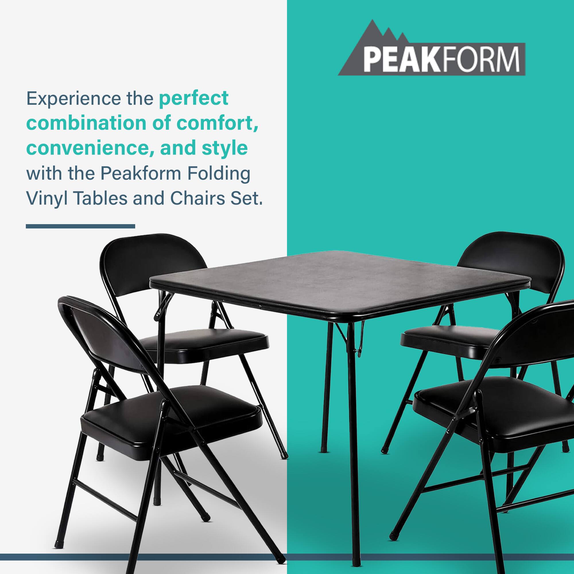 Experience the perfect combination of comfort, convenience, and style with the Peakform Folding Vinyl Tables and Chairs Set.

PEAKFORM