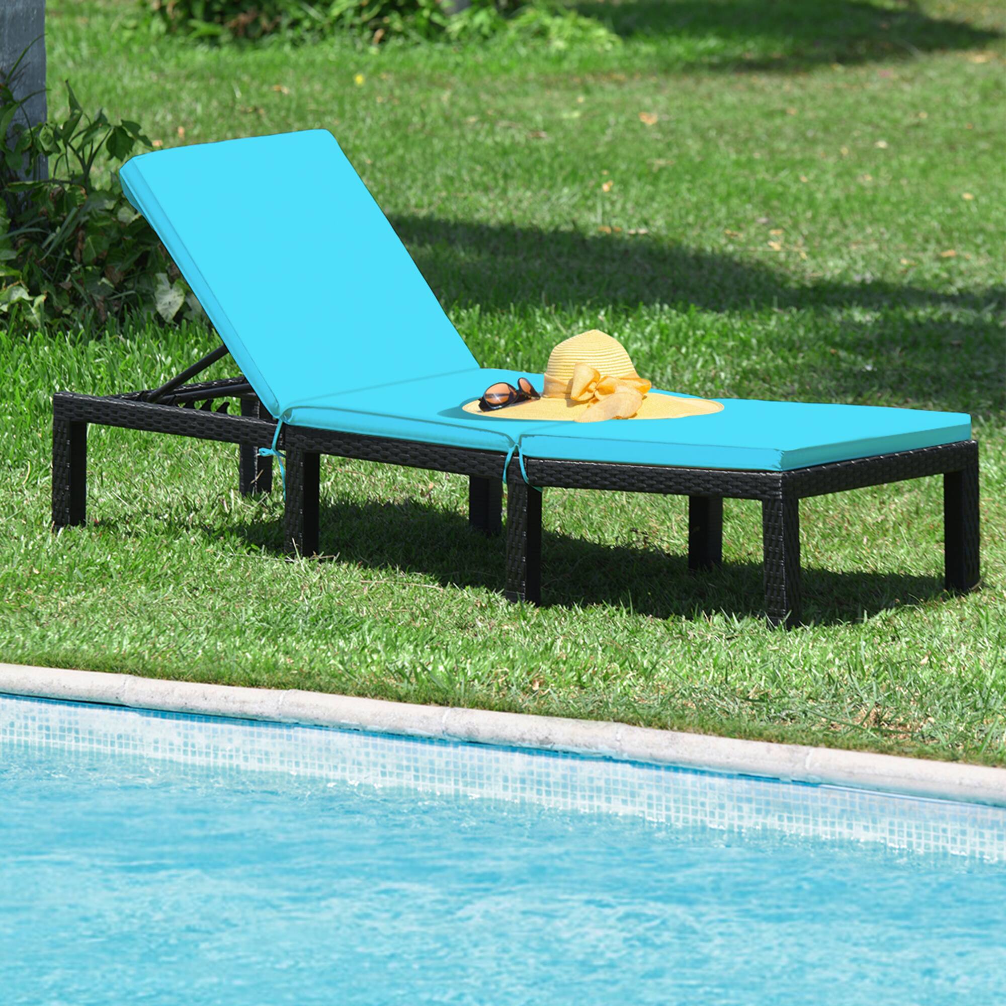Alt View 4. Gymax - Gymax Adjustable Rattan Patio Chaise Lounge Chair Couch w/ Turquoise Cushion - as pic.